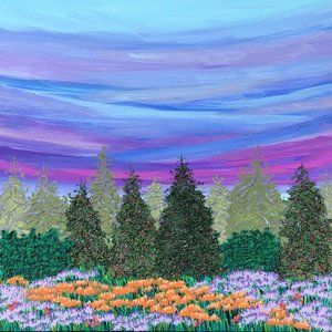 Twilight Evergreens Landscape Painting, Acrylic